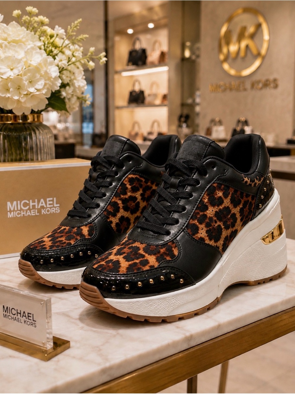 Michael Kors Leopard Print Platform Sneakers Black Brown Gold